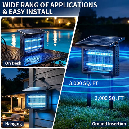 Solar Bug Zapper Outdoor Cordless, 7500mAh Battery | 365-395nm UV Light, IPX5 Waterproof, Dusk-to-Dawn Sensor, 1 Acre Coverage, Black, for Outdoor Indoor Use (14.5inch)
