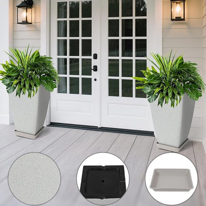 Neoaider Set of 2 Tall Planter, 21 inch Large Plastic Planter, Bluish Gray | Ceramic-Look, Lightweight, Built-in Drain Hole, Saucers, Tall Outdoor Planter for Porch, Garden, Patio, Balcony