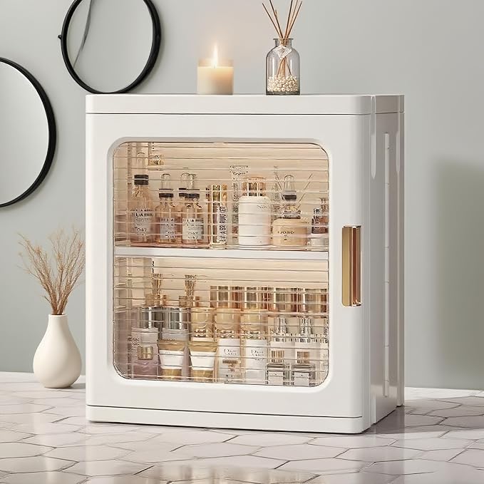 Mini Countertop Storage Cabinet,White | Clear Doors,Adjustable Shelf,Bathroom Organizers and Storage,Toilet Paper Storage,For Pantry Kitchen Living Room