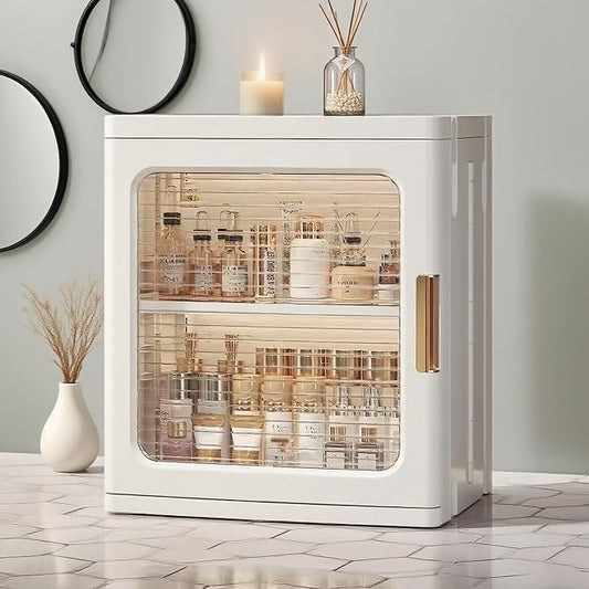Mini Countertop Storage Cabinet,White | Clear Doors,Adjustable Shelf,Bathroom Organizers and Storage,Toilet Paper Storage,For Pantry Kitchen Living Room