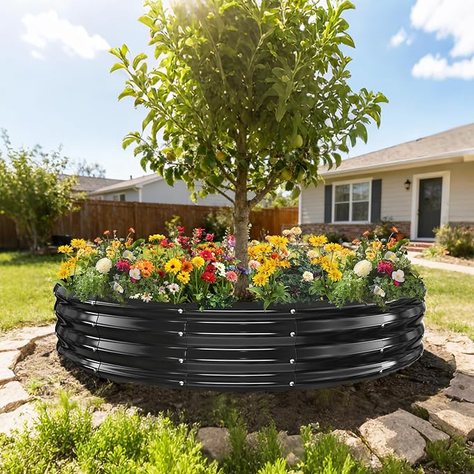 12 Inch Tall 72 Inch Diameter Round Black Raised Garden Bed Kits Outdoor | 1 FT Tall,6 FT Planter Bed for Flowers,Herbs,Vegetables,Trees,0.8MM Thick Galvanized Metal Painted,with Gloves,Tool free