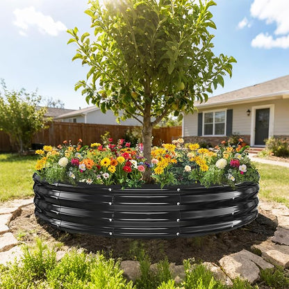 12 Inch Tall 72 Inch Diameter Round Black Raised Garden Bed Kits Outdoor | 1 FT Tall,6 FT Planter Bed for Flowers,Herbs,Vegetables,Trees,0.8MM Thick Galvanized Metal Painted,with Gloves,Tool free