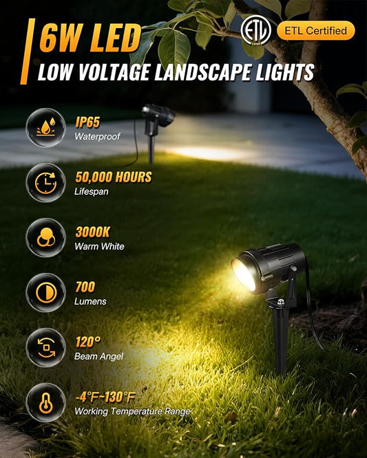 6W 700LM Low Voltage Landscape Lighting, 12V AC/DC 3000K Warm White LED Low Voltage Landscape Lights, IP65 Waterproof Outdoor Spotlights with Connectors for Garden Tree Yard 6 Pack W01SLP606