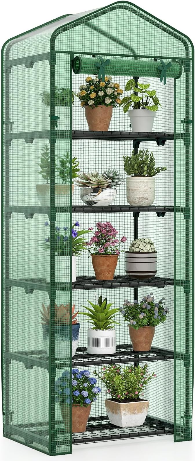 Giantex Mini Greenhouse Indoor Outdoor, 27" x 19" x 75" Portable Plant Grow House with 5 Tier Shelves, PE Cover, Roll-Up Zipper Door, Rustproof Elector-Coating Metal Frame for Patio Balcony Garden