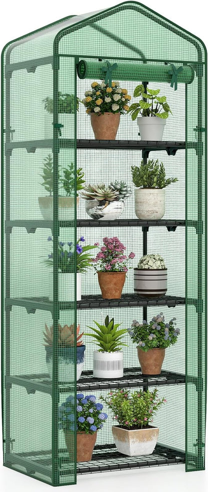 Giantex Mini Greenhouse Indoor Outdoor, 27" x 19" x 75" Portable Plant Grow House with 5 Tier Shelves, PE Cover, Roll-Up Zipper Door, Rustproof Elector-Coating Metal Frame for Patio Balcony Garden