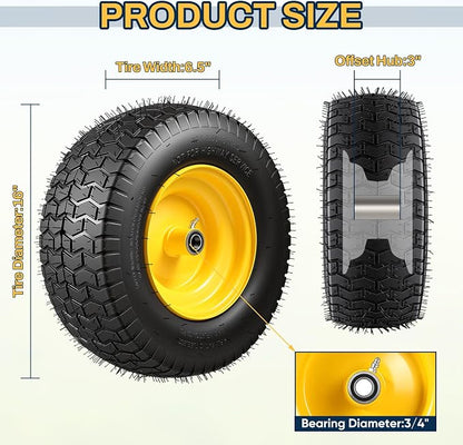 16x6.50-8 Tubeless Tire and Wheel, 16x6.5-8 Lawn Mower Tires, 3"-4.5" Offset Hub, 3/4" or 5/8" Bearing, Fit Riding Mower and Garden Tractor Front Wheels, 4 Ply, V-Turf Pattern, 2 Pack