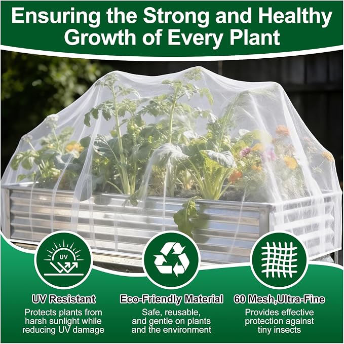 2 Pack Garden Netting for 8x4FT Raised Beds, Ultra-Fine Mesh Plant Covers with Drawstring, Bird, Pest & Small Animal Barrier for Vegetables, Fruits & Flowers