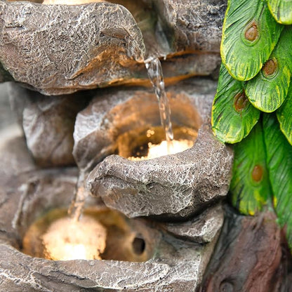 Glitzhome Outdoor Water Fountain with Lights, 4-Tierd Peacock W/Stacked Stone Outdoor Fountain, 20.5" H Polyresin Decorative Waterfall Feature Garden Fountain with Pump for Garden, Patio, Porch