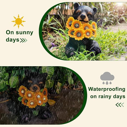 Solar Garden Lights Outdoor Statues Black Bear with Sunflowers, Sculpture Decor Mother Gifts for Women, Men or Daughter, Unique Garden Statues for Housewarming Gifts