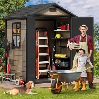 DWVO 6x4 FT Storage Shed Plastic with Floor, Outdoor Storage Shed with Lockable Door, Window and Vents, Waterproof Garden Tool Shed for Patio, Backyard, Lawn