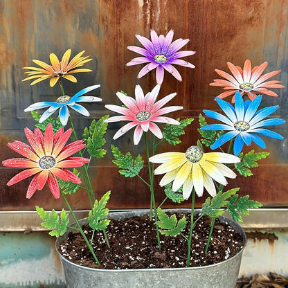 Metal Flowers for Outside, 8 Pack Decorative Garden Stakes with Spring Design, 16.5 Inch Handmade Iron Outdoor Metal Garden Decor, Flickering Daisy Yard Art for Patio Lawn