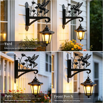 VOOKRY Solar Wall Lanterns Outdoor, Waterproof 2 Pack Hanging Lights with Hummingbird Hooks, Wall Mount Sconce with 3 Solar Panels for Patio Porch Yard Garden Decor, Dusk to Dawn 2700K Warm White