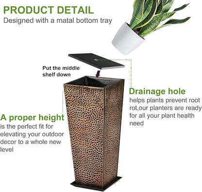 BAYN 2-Pack 24" Tall Metal Planter – Hand-Hammered Textured Large Bronze Flower Pots Box with Saucer for Outdoor&Indoor, Garden, Porch, Patio, Yard with Pre-Drilled Drainage Holes