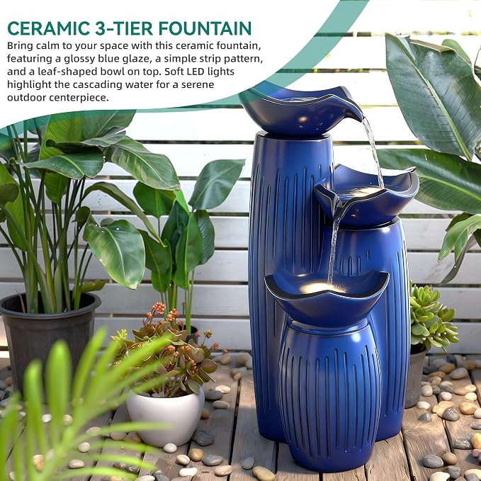 30" H Ceramic Outdoor Water Fountain with Lights, 3-Tier Lotus Bowls | Minimalist Geometirc Water Feature, Cobalt Blue Glaze, Fluted Texture, Cascading Waterfall for Relaxing Garden Patio Yard