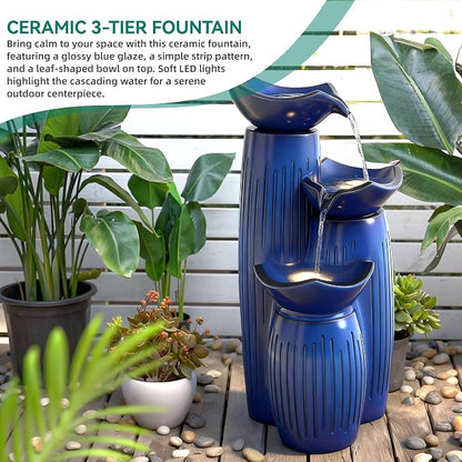 30" H Ceramic Outdoor Water Fountain with Lights, 3-Tier Lotus Bowls | Minimalist Geometirc Water Feature, Cobalt Blue Glaze, Fluted Texture, Cascading Waterfall for Relaxing Garden Patio Yard
