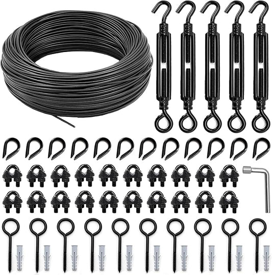 String Light Hanging Kit Outdoor, All-Black String Light Wire Hanging Kit Includ 100FT PVC Coated Steel Cable with Enough Accessories, Guide Wire for Outdoor String Lights, Patio Lights