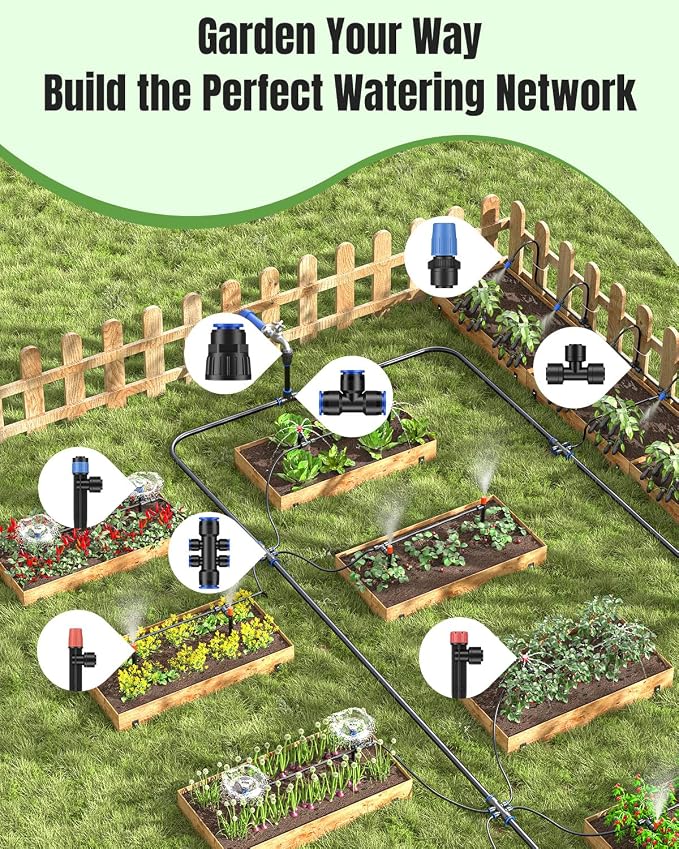 Pawfly 230 ft Quick Connect Drip Irrigation Kit, Drip Irrigation System for Garden Watering System with 1/2" (33 ft) & 1/4" (197 ft) Tubing and Accessories Garden Irrigation System for Greenhouse Lawn