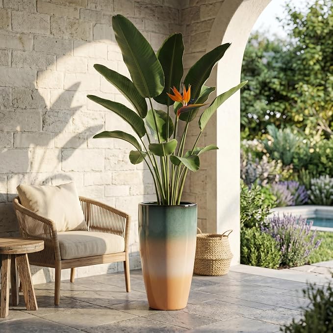 Sun-E Tall Planters for Outdoor Indoor Plants, 21-Inch Large Planter with Removable Insert Shelf, High Glossy Glazed Ceramic-Look Tri-Tone Gradient Tall Flower Pots for Entryway Corner Luxury Decor