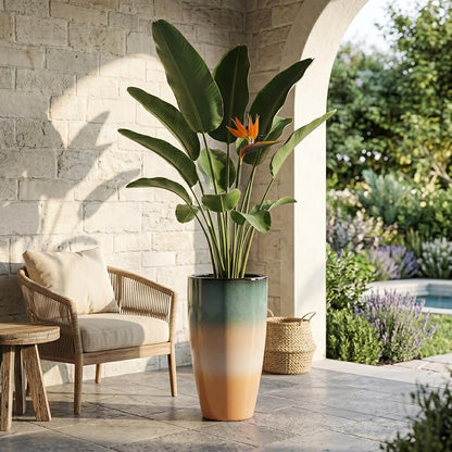 Sun-E Tall Planters for Outdoor Indoor Plants, 21-Inch Large Planter with Removable Insert Shelf, High Glossy Glazed Ceramic-Look Tri-Tone Gradient Tall Flower Pots for Entryway Corner Luxury Decor