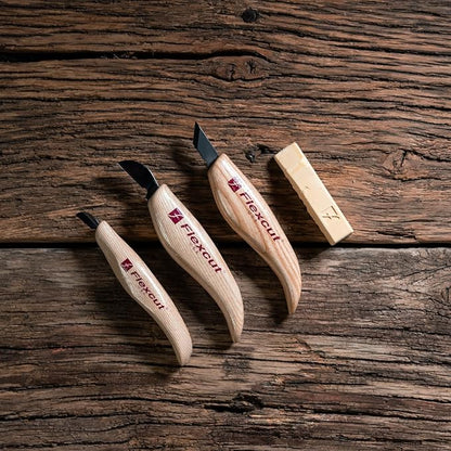FLEXCUT Wood Carving Knives | Chip Carving Set | 1095 High Carbon Steel Blades | Ergonomic Ashwood Handle | Set of 3 Woodcarving Tools | KN115 | Made in the U.S.A.