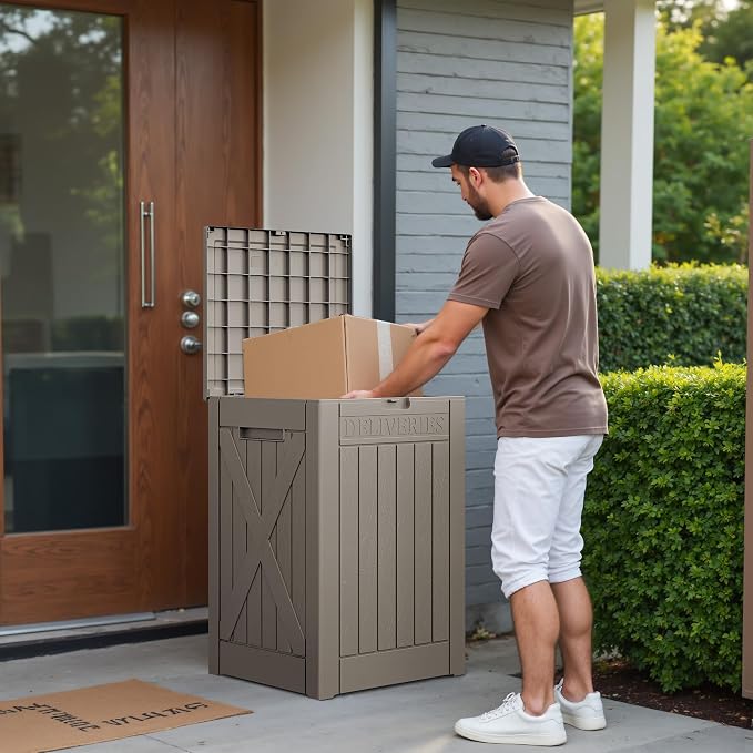 Greesum 52 Gallon Large Outdoor Package Delivery Box for Porch, Lockable Secure Double-Wall Resin Storage Box, Waterproof Deck Box for Package Protection, Light Coffee