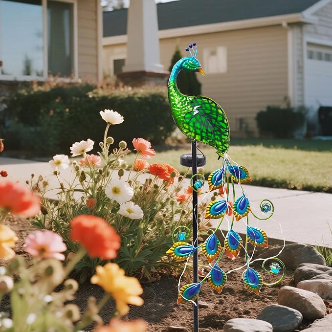 Solar Peacock Garden Stake Lights Waterproof Metal Outdoor Decor | Solar Peacock Garden Stake Lights, Waterproof Metal Glass, Thick Stake, Glow-In-The-Dark Eye, For Pathway Patio Yard Decor