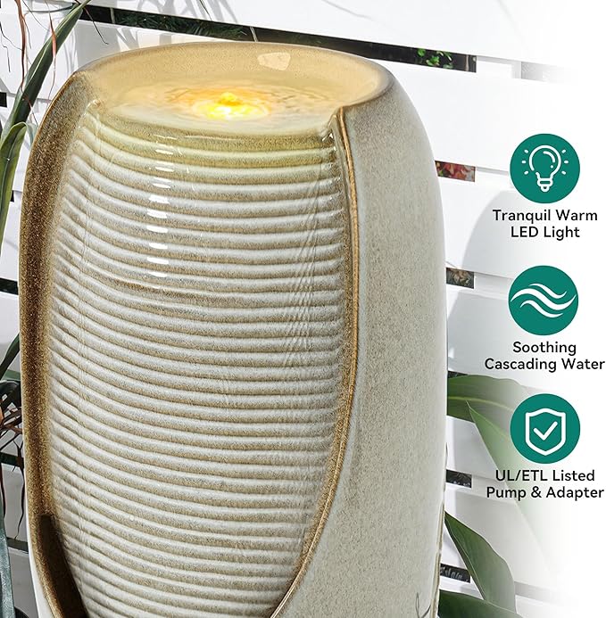 32" H Outdoor Garden Fountain with LED Lights, Modern Ceramic Jar Water Fountain, 3D Tropical Leaf Pattern, Beige Glaze, Soothing Cascading Waterfall for Relaxing Patio, Yard, Porch