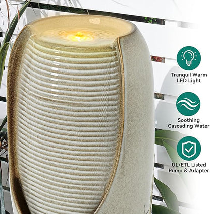 32" H Outdoor Garden Fountain with LED Lights, Modern Ceramic Jar Water Fountain, 3D Tropical Leaf Pattern, Beige Glaze, Soothing Cascading Waterfall for Relaxing Patio, Yard, Porch
