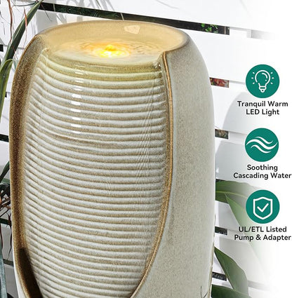 Autodaya 32"H Jar Ceramic Outdoor Water Fountain, Sand Beige Foilage Design | Artisan high-fired ceramic, warm LED ambient lighting, upgraded pump, soothing cascading water feature for garden patio yard