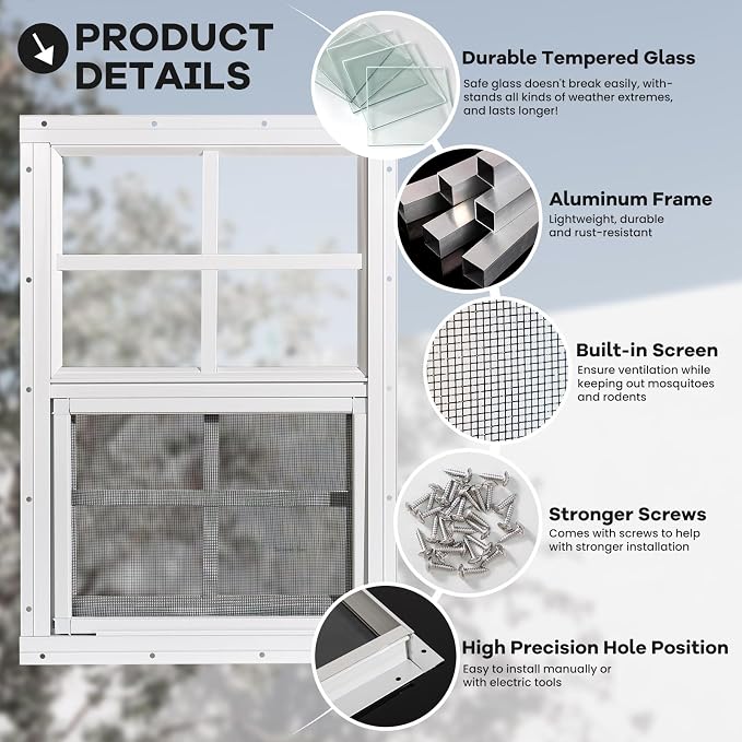 Shed Windows 2 Pack, Chicken Coop Windows 14" x 21" White | Flush Mounted Small Windows with Tempered Glass and Fiberglass Screen for Shed, Barns, Playhouse, Household, Garage