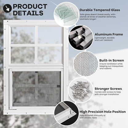 Shed Windows 2 Pack, Chicken Coop Windows 14" x 21" White | Flush Mounted Small Windows with Tempered Glass and Fiberglass Screen for Shed, Barns, Playhouse, Household, Garage