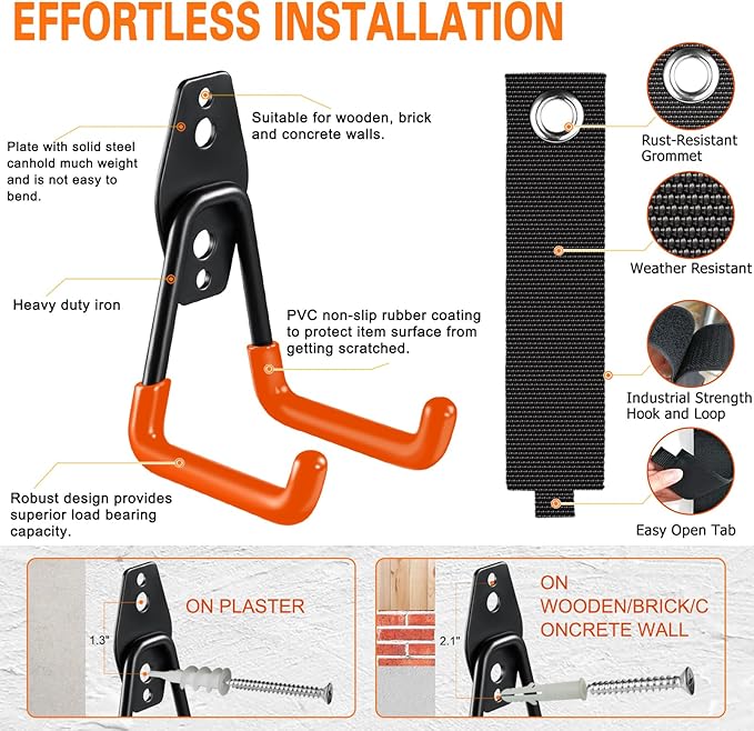 HUPBIPY 18 Pack Garage Hooks Heavy Duty, Wall Mount Ladder Hooks | Storage Organizer With a non-slip coating for Hanging Bicycles Garden Tools Ladders Hoses Ropes and Loose Items(Orange)