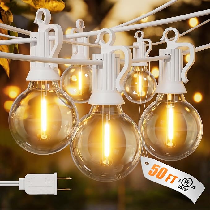 Brightown Outdoor String Lights, 50FT 25 G40 Bulbs Shatterproof Patio Lights, IP65 Waterproof Dimmable Hanging Connectable Globe LED Outdoor Lights for Backyard, Bistro, Porch, Deck, Balcony, White