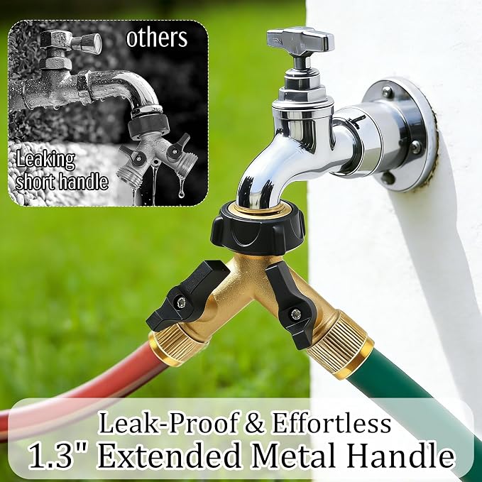 Hourleey Brass Garden Hose Splitter 2 Way, 3/4 Inch Hose Connector Tap Splitter, Hose Y Splitter, Hose Spigot Adapter 2 Valves with Extra Rubber Washers