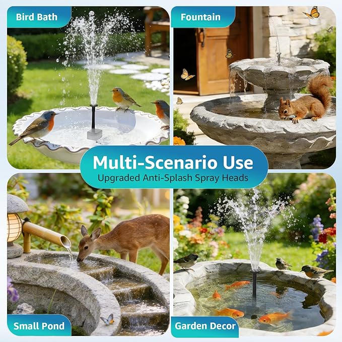 Solar Bird Bath Fountain Pump, 4W Solar Water Pump with 2000mAh Battery Backup, 5 Spray Modes & 4Ft PVC Tubing, Solar Powered Fountain for Bird Bath, Garden Pond and Outdoor Water Feature