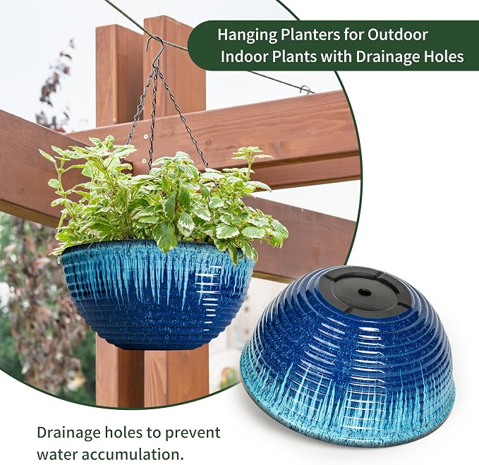Vanslogreen 12 inch Hanging Planters for Indoor Outdoor Plants, 2 Pack Large Hanging Flower Pots with Drainage Holes and Chain, Glazed Hanging Baskets for Home Garden Decoration (Blue Flow Glaze)