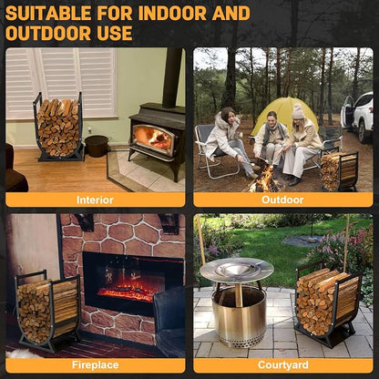 Firewood Rack, Outdoor/Indoor Firewood Adjustable Height Storage, Thickened Metal Fireplace Log Rack, Adjustable Height 18.39''-23.03'', Black