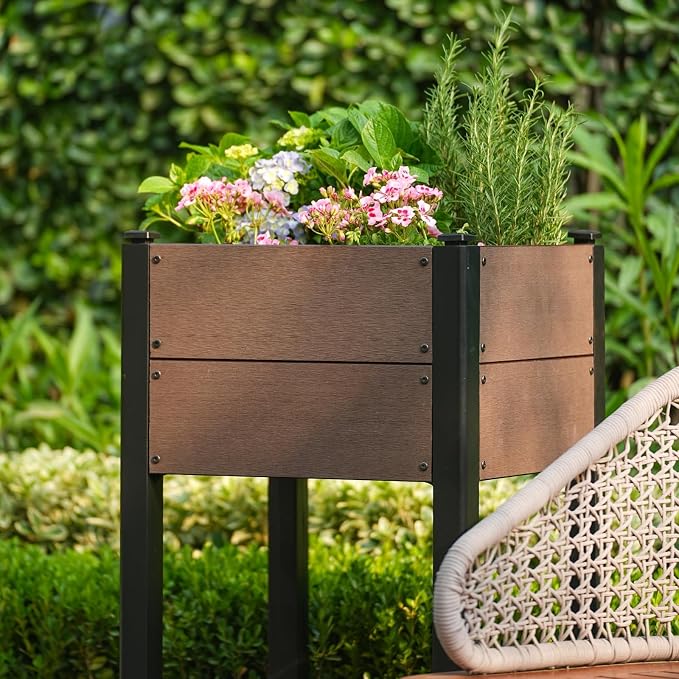 Garden Raised Bed with Shelf, 19*19*33.5in Deep Root Planter Box for Patio, Outdoor Herb with Bottom, Vegetable, and Flower Gardening - Durable Wooden Style Planter Box for Easy Mobility and Clearance