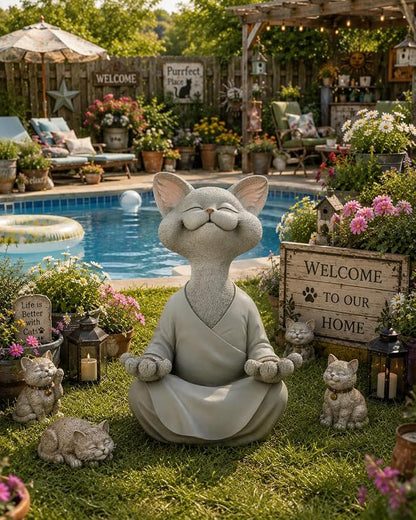 12" Whimsical Happy Cat Buddha Statue – Indoor Outdoor Zen Cat Decor