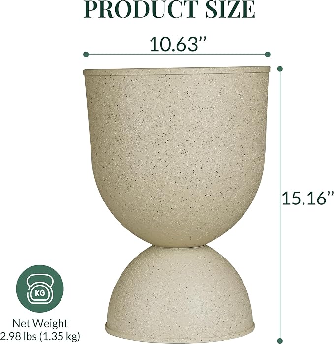 KOL Planters Flower Pots, Plastic Urn Planters for Indoor Outdoor Plants, Beige Pedestal Planter Pots 2 Pack, 15 Inch Tall Decorative Planters with Drainage Holes & Plugs for Front Porch Patio Garden