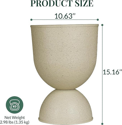 KOL Planters Flower Pots, Plastic Urn Planters for Indoor Outdoor Plants, Beige Pedestal Planter Pots 2 Pack, 15 Inch Tall Decorative Planters with Drainage Holes & Plugs for Front Porch Patio Garden