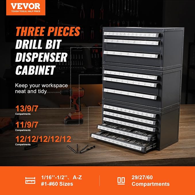VEVOR Drill Bit Dispenser Cabinet Set, Three-Drawer for 1/16" to 1/2" & Letter Sizes A to Z, Five-Drawer Drill Bit Organizer for Wire Gauge Sizes #1 to #60, 3 Pieces