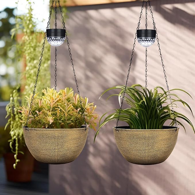 BAYN 2 Packs Solar Hanging Basket Planters for Plants Outdoor | Self Watering, Copper Flower Pots with Solar Light , Hanging Planters with Drainer for Balcony Patio Garden Decoration