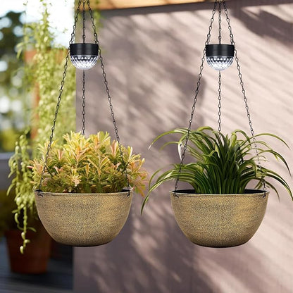 BAYN 2 Packs Solar Hanging Basket Planters for Plants Outdoor | Self Watering, Copper Flower Pots with Solar Light , Hanging Planters with Drainer for Balcony Patio Garden Decoration