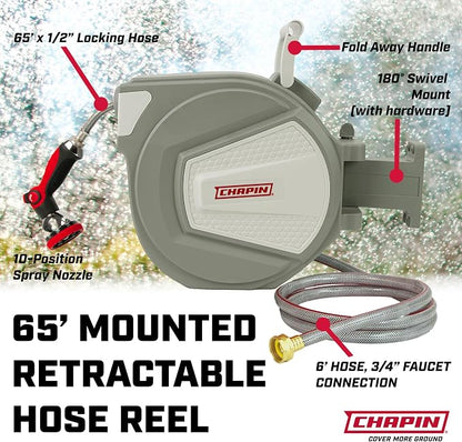 Chapin 5997 Garden Hose Reel, 65-feet Retractable, Wall Mounted Heavy-Duty Case, 180° Swivel Frame Mount, Automatic Retract, Locking Hose, 10 Position Metal Garden Hose Spray Nozzle