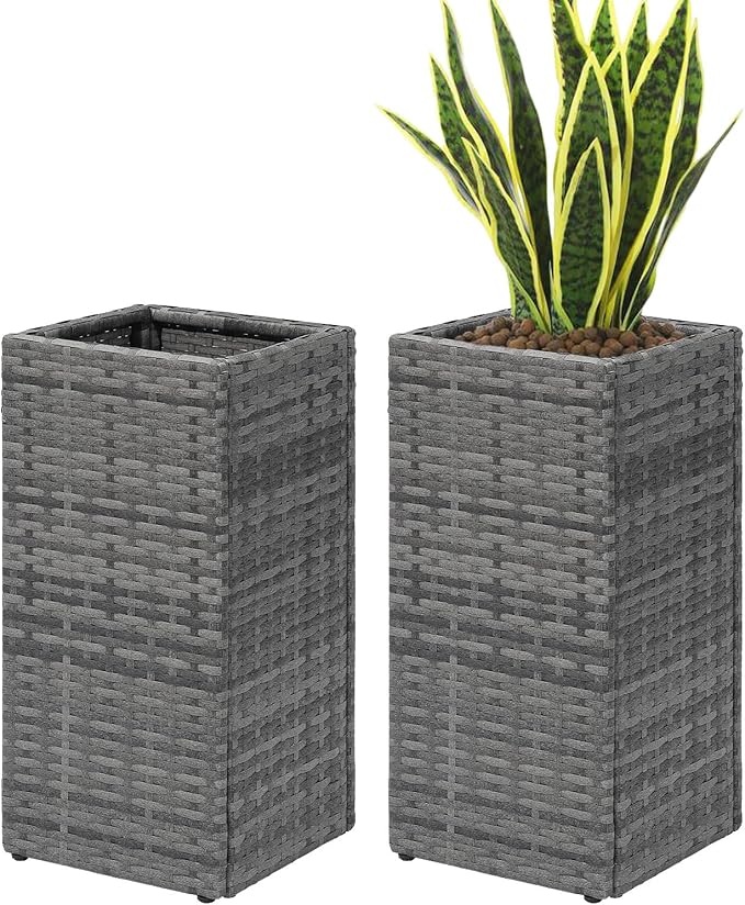 SUNNYPARK 2 Pack Tall Planters for Outdoor Rattan Square Box 12x12x24inch | All-Weather, Handmade PE Rattan, Removable Liner, Indoor Outdoor, Patio Porch Garden, Modern Design for Plants Flowers