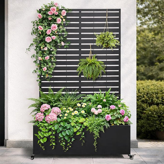 Metal Planter Box with Trellis, 43” L x 16” W x 71” H Raised Garden Bed with Wheels, Privacy Planters for Patio, Metal Planter Box with Drainage Holes, Black
