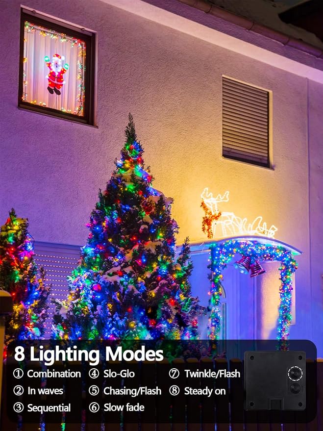Solar Christmas Lights Outdoor 6 Pack 600 LED Solar String Light Multicolor | 8 Lighting Modes, Memory Function, Auto On/Off, 198FT Waterproof Twinkle Lights for Outside Porch Fence Balcony Decorations