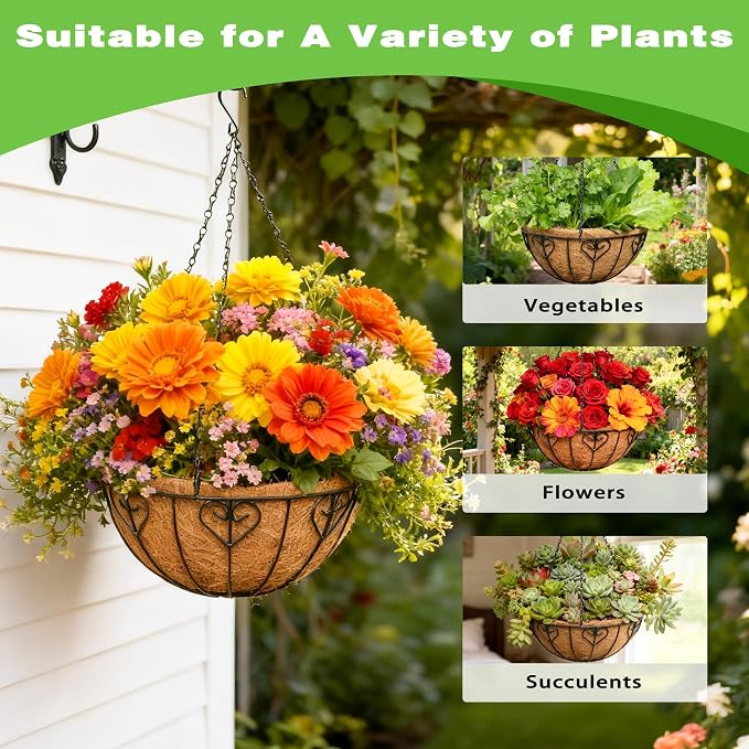 2 Pack 12 Inch Black Metal Hanging Basket Hanging Planter with Coco Coir Liner Heavy Duty Hanging Flower Pot Holder for Indoor Outdoor Patio Garden Porch Balcony Decor (Heart-Shaped)