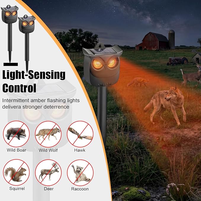4 Pack Solar Owl Animal Repeller Outdoor for Raccoon, Deer & Squirrel Cat, Night-Only Breathing Mode Light Deterrent, Mini Hanging Predator Scare Device, Waterproof for Garden Yard Tree Shed